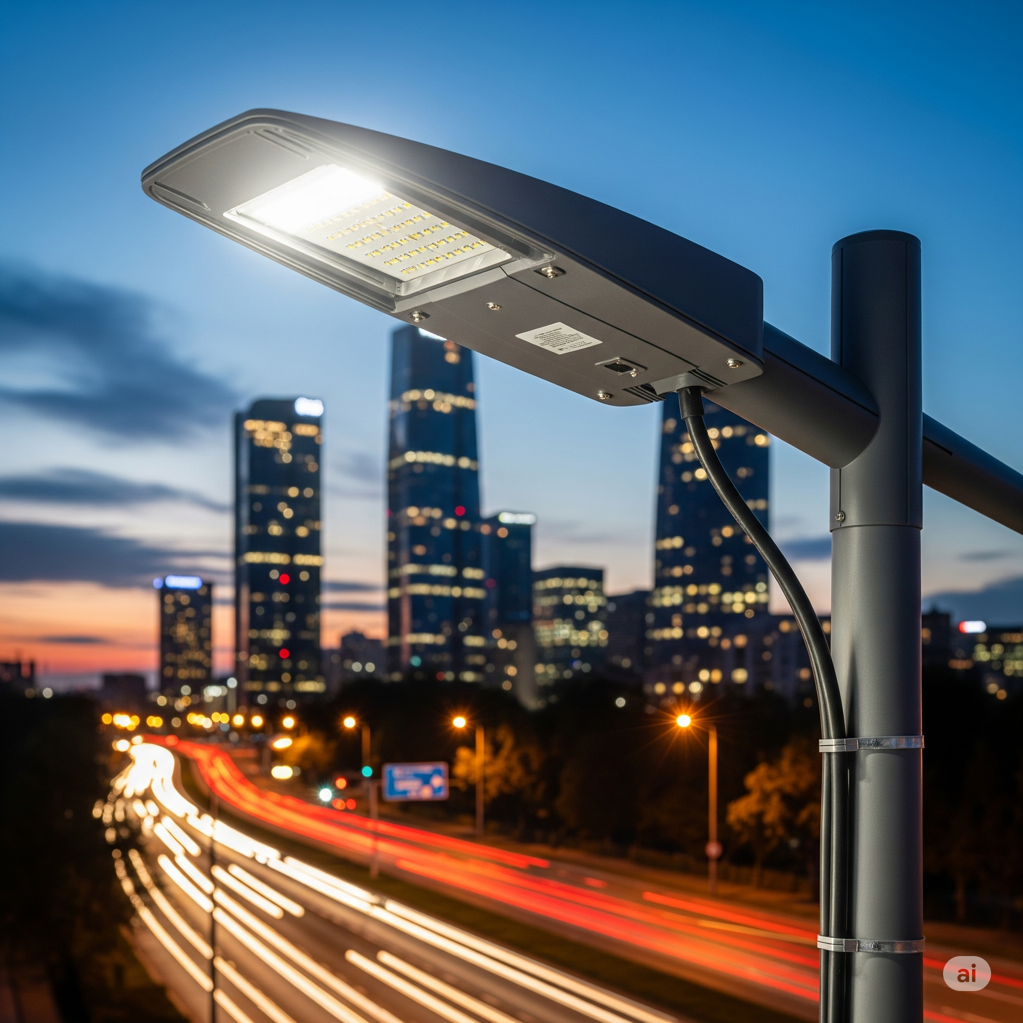 Modern city street lit by 230V lamps